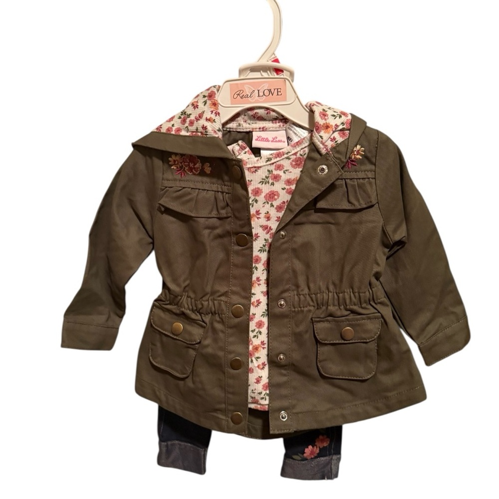 3 PIECE | LITTLE LASS | Kids Olive Green Jacket with Floral lining & shirt